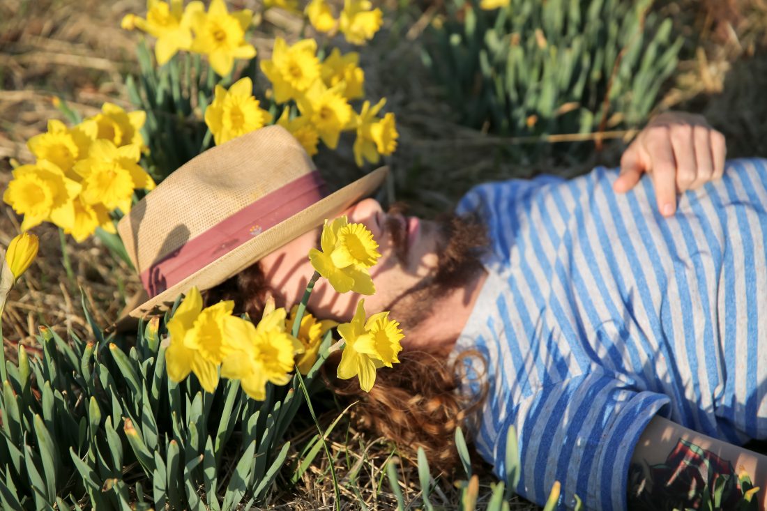 Free photo of Man Lying in Flowers