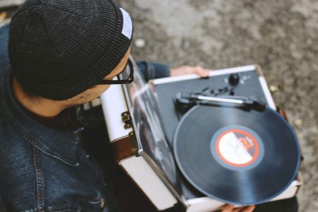 Man with Record Player Free Stock Photo