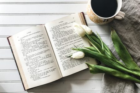 Coffee, Flowers and Open Book Free Stock Photo