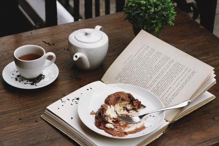 Cake, Tea & Book in Cafe Free Stock Photo