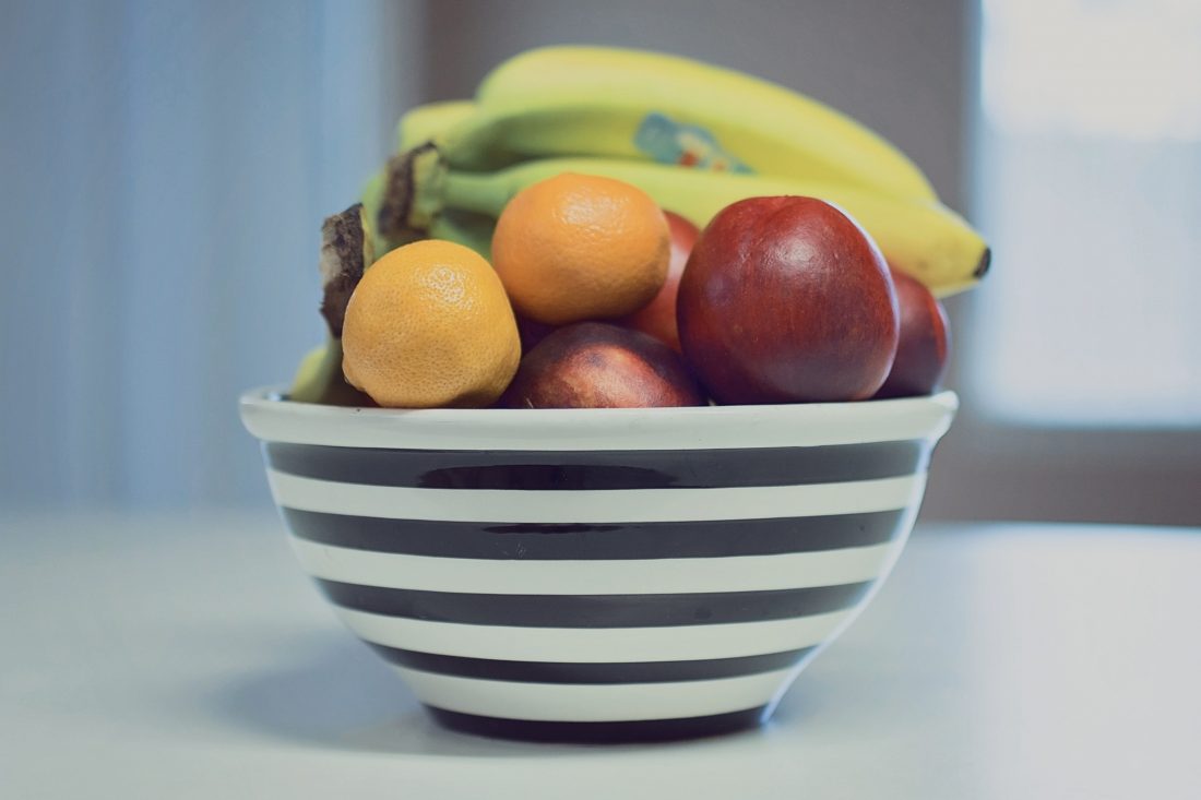 Free photo of Striped Fruit Bowl with Apples, Bananas & Oranges