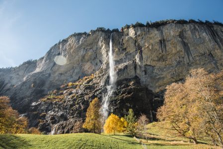 Mountain Waterfall & Blue Sky Free Stock Photo