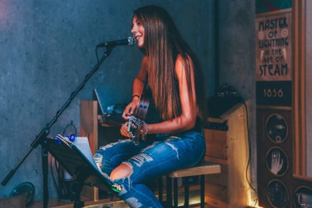 Woman Singing Microphone Guitar Amp Free Stock Photo